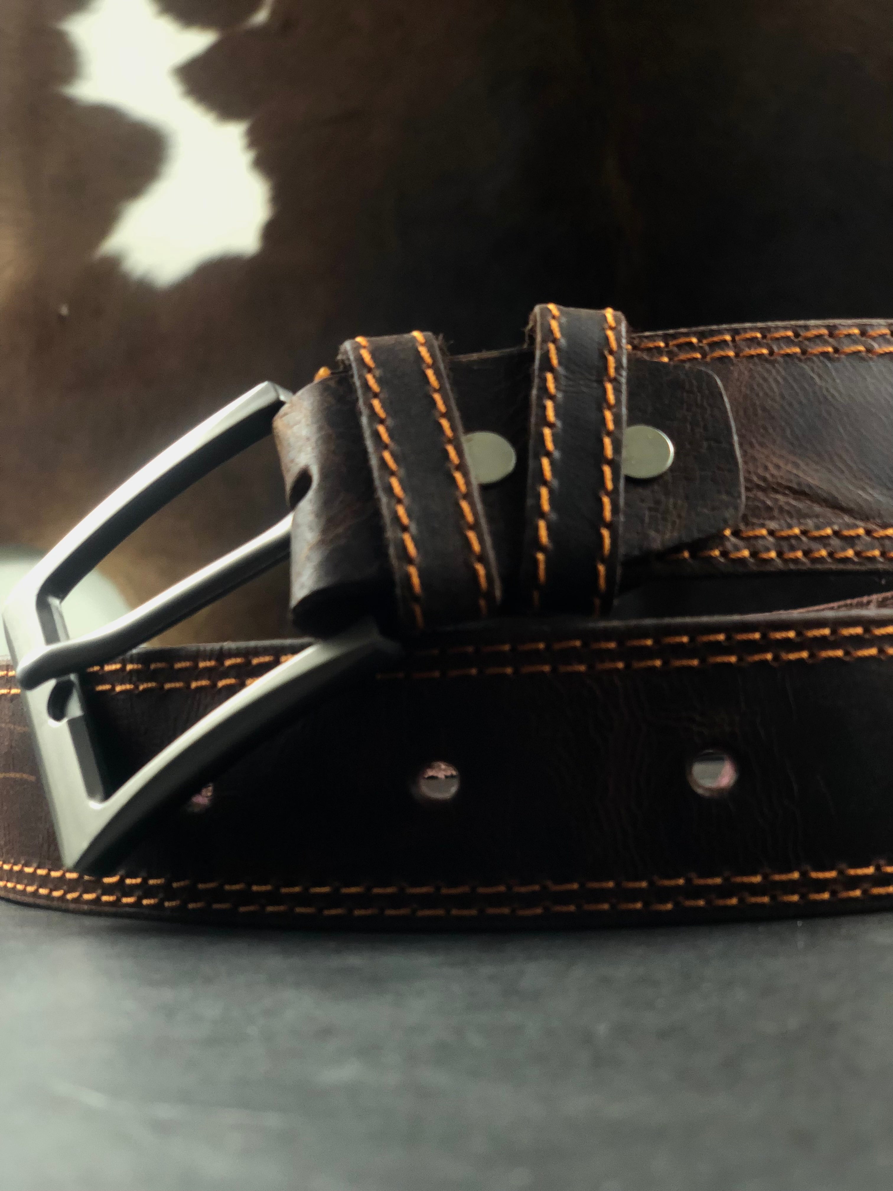 Double Stitched Leather Belt in Waxed Tan with brown Stitching