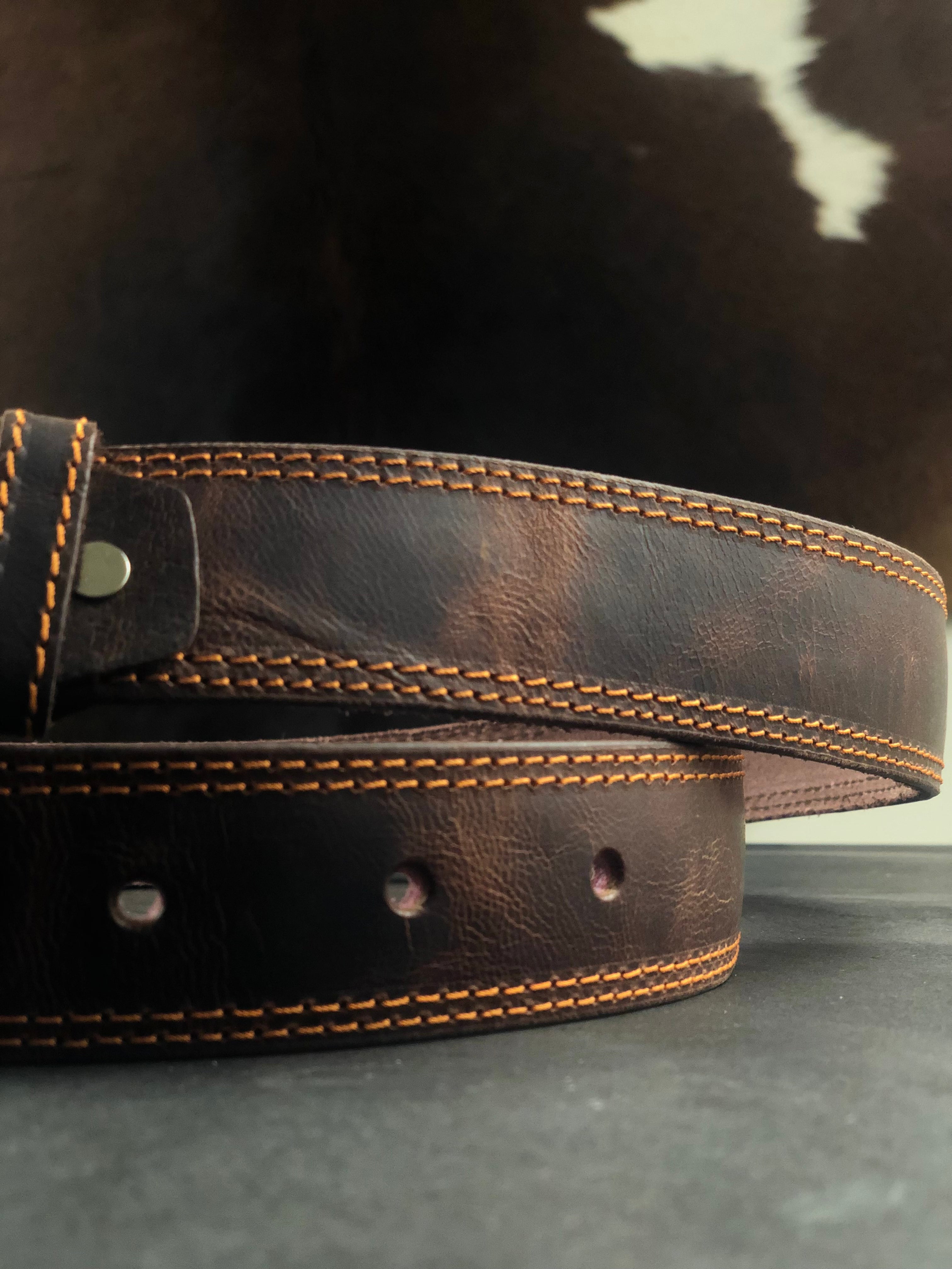 Double Stitched Leather Belt in Waxed Tan with brown Stitching