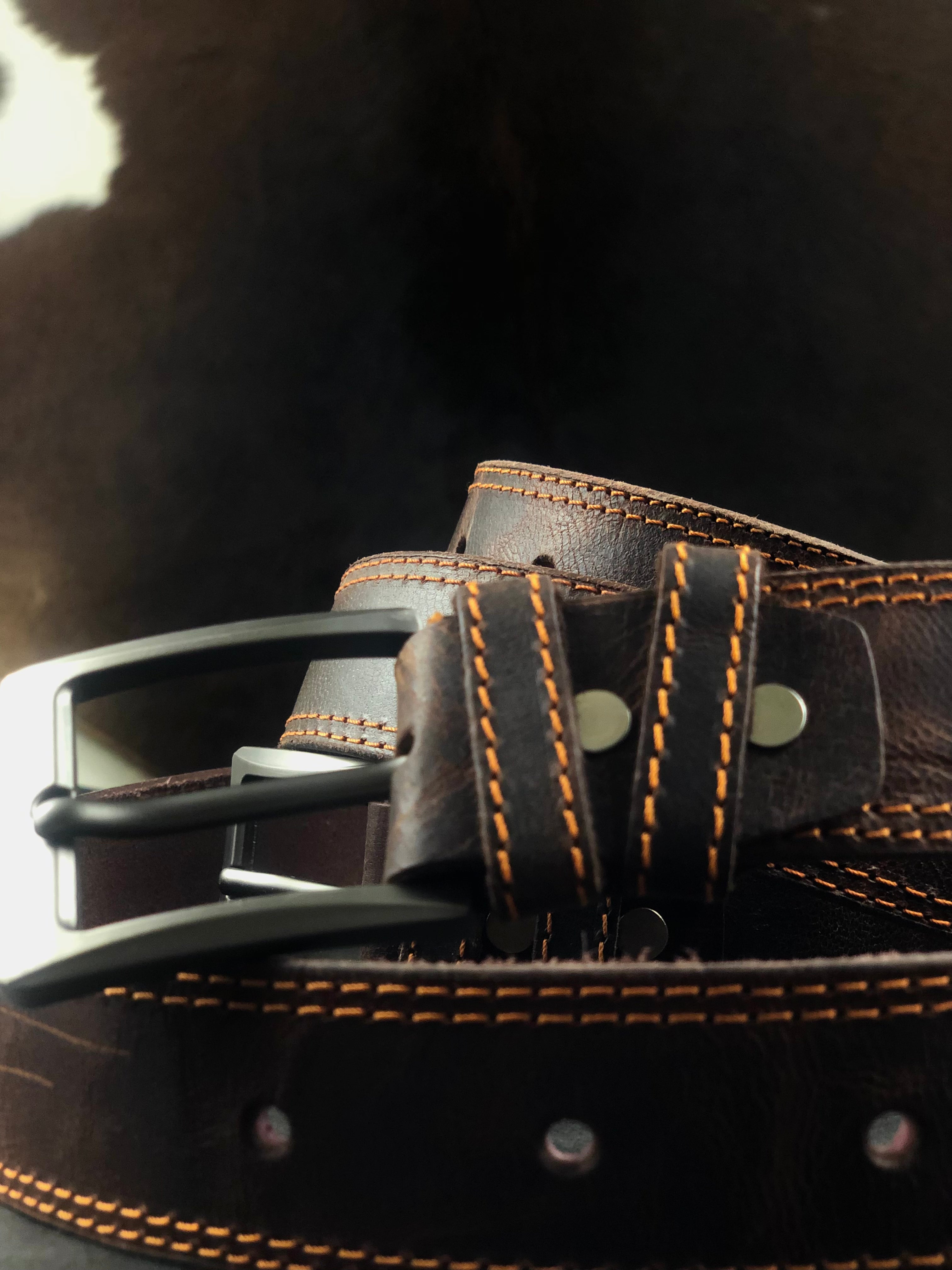 Double Stitched Leather Belt in Waxed Tan with brown Stitching